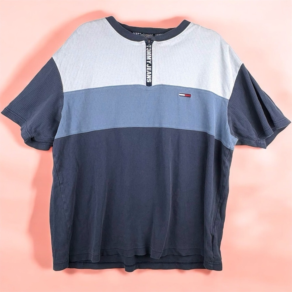 Vintage Tommy Hilfiger Men's Blue and Gray Colorblock Shirt Zip V Neck XL 90s